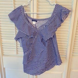 Venus blue and white striped ruffle top w/ side zipper and button accent Size 8